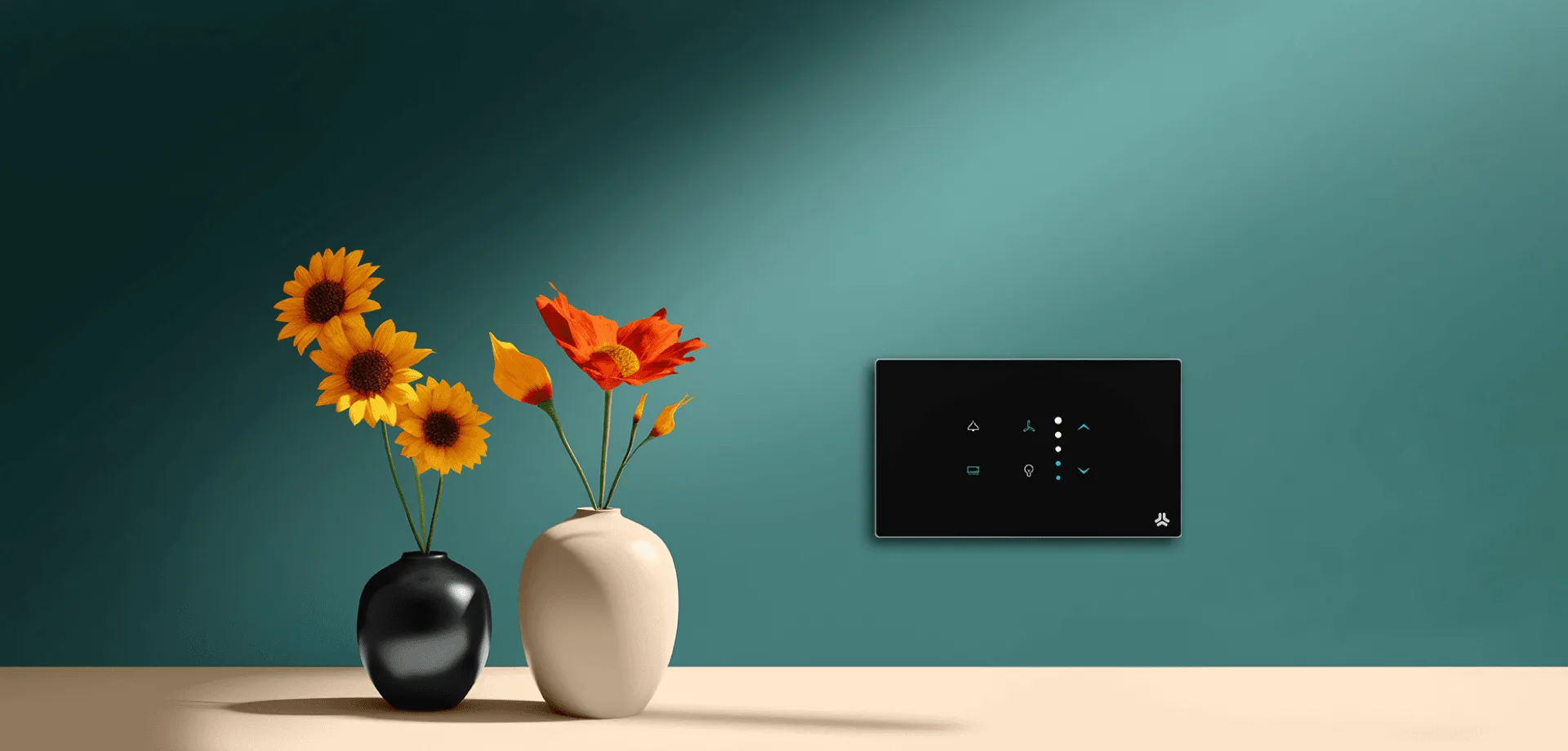 SmartNode black glass touch panel mounted on a teal wall